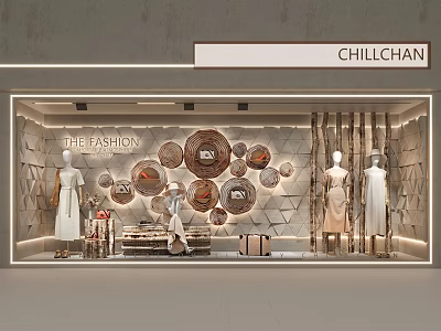 CHILLCHAN Fashion Store Window Featuring Mannequins Apparel Circular Decorations And Textured Wall 3d model
