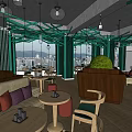 Cozy Bubble Tea Shop Interior With Green Wooden Structures Hanging Lights And Sofa Seating