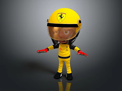 Cartoon Style Game or Movie Character in Yellow Jumpsuit with Yellow Helmet and Ferrari Logo 3d model