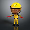 Cartoon Style Game or Movie Character in Yellow Jumpsuit with Yellow Helmet and Ferrari Logo