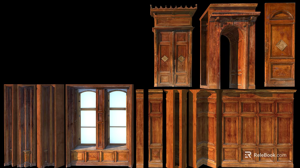 Wooden Decorative Elements Including Window Frames Doorways Wall Panels And Columns 3d model 