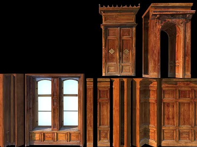 Wooden Decorative Elements Including Window Frames Doorways Wall Panels And Columns 3d model