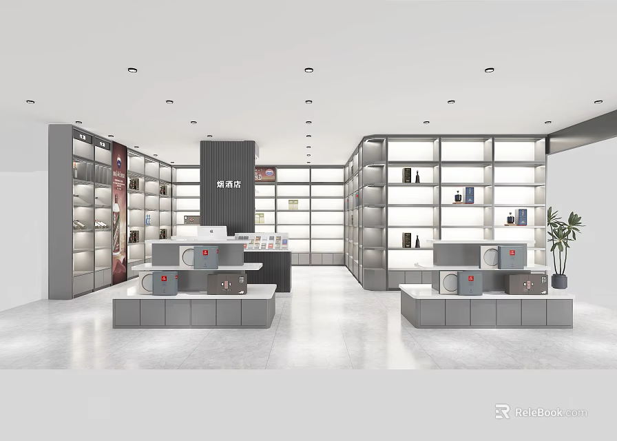 Modern Tobacco and Liquor Store Interior with Shelves Display Cabinets and Product Arrangement 3d model 