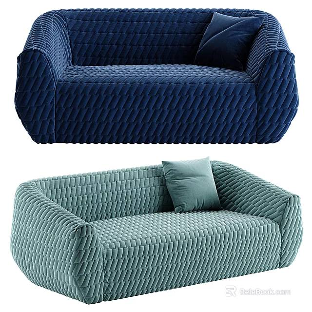 Navy Blue and Light Green Two Seater Sofa with Textured Fabric and Matching Cushions 3d model 