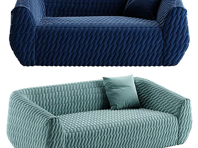 Navy Blue and Light Green Two Seater Sofa with Textured Fabric and Matching Cushions 3d model