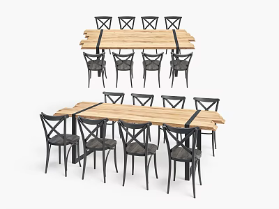Modern Rustic Dining Table Set With Wooden Top And Black Cross Back Chairs 3d model