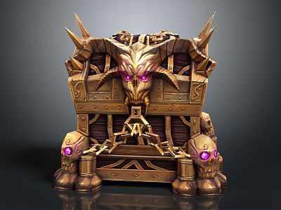 Ornate Golden Chest With Horns Purple Eyes And Skull Details 3d model
