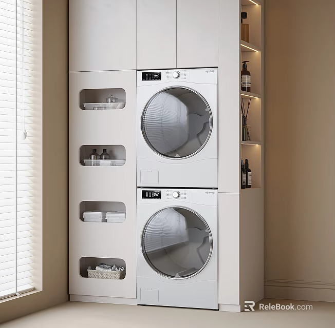 White Modern Laundry Room With Stacked Washer Dryer And Storage Cabinets 3d model 