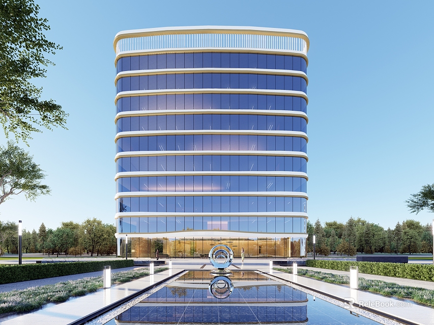 Modern High Rise Office Building With Curved Glass Facade Surrounded By Greenery And Reflecting Pool 3d model 