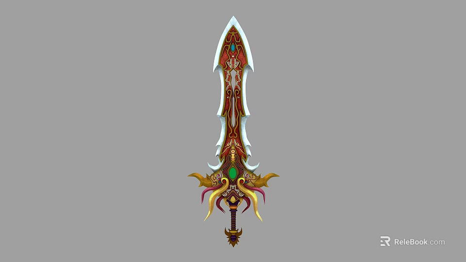Ornate Decorative Sword With Red Gold Hilt Intricate Carvings and Colorful Gemstone Details 3d model 