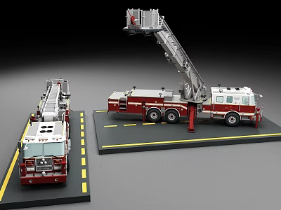 Two Different Fire Truck Models Ladder Truck And Engine On Black Base With Yellow Lines 3d model
