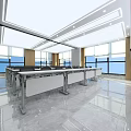Modern Conference Room Interior Design With Long Tables Green Chairs And Projector Screen