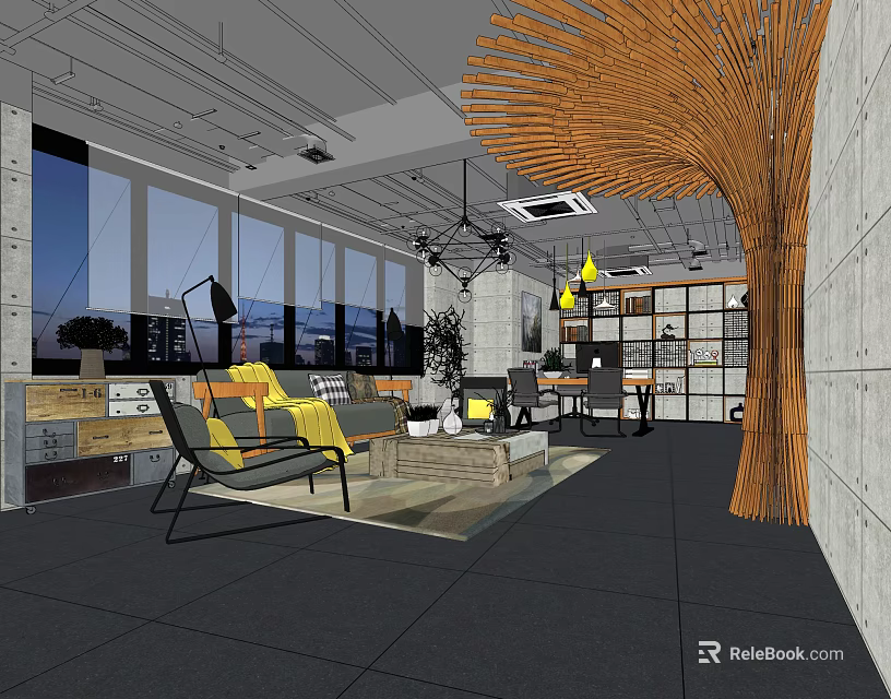 Modern Office Interior Design With Large Windows City View Modern Furniture And Woven Decor 3d model 