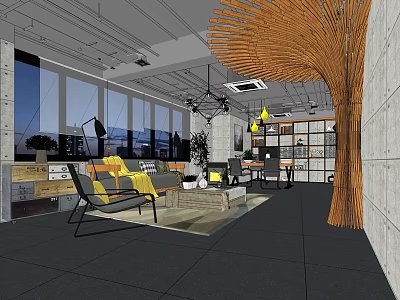 Modern Office Interior Design With Large Windows City View Modern Furniture And Woven Decor 3d model