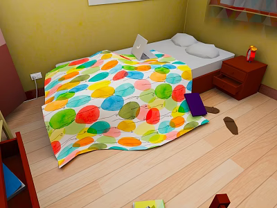 Cozy Bedroom With Yellow Walls Colorful Polka Dot Quilt Nightstand Red Cup And Wooden Floor 3d model