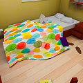 Cozy Bedroom With Yellow Walls Colorful Polka Dot Quilt Nightstand Red Cup And Wooden Floor