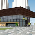 Modern Sales Office Building With Wooden Structure Outdoor Seating And Green Plants