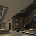 Spacious Grand Hall Interior With Glass Ceiling Water Pool And Sculptures