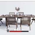 Wooden Dining Table Set with Six Wicker Back Chairs and Dried Plant Vase