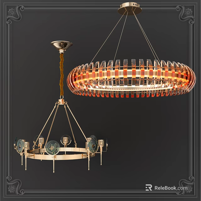 Modern Interior Chandelier Design With Circular Gold Frame And Glass Decor Elements 3d model 