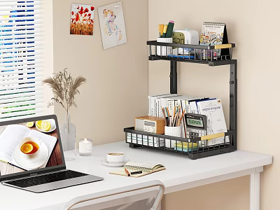Modern Office Desktop Storage Shelf Organizer With Stationery Documents And Laptop On Desk 3d model