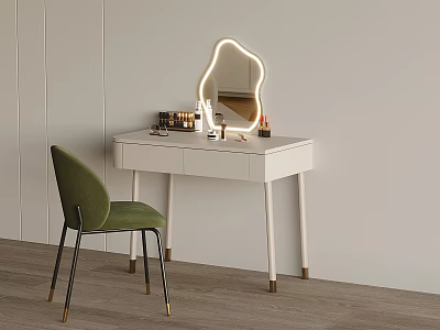 Elegant Modern White Dressing Table With LED Lighted Mirror Cosmetics And Green Chair 3d model