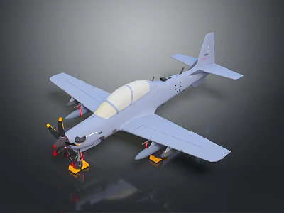 Gray Aircraft Model With Propeller On Yellow Stands And Dark Background 3d model