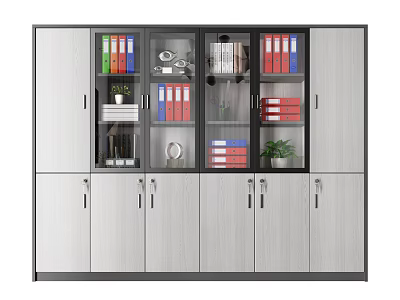 Modern Bookcase Interior Design With Glass Doors Books Folders And Decorative Plants 3d model