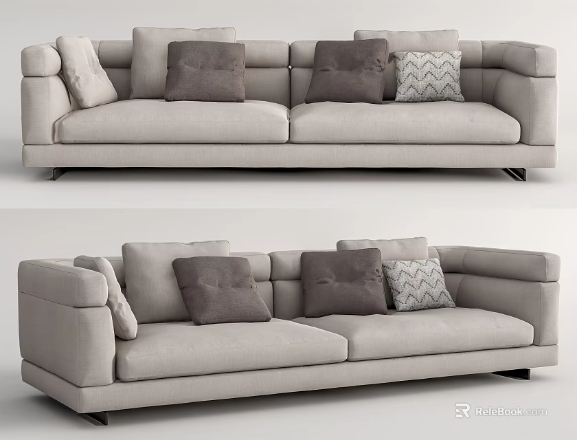 Modern Light Gray Fabric Two Seater Sofa With Dark Gray And Patterned Decorative Pillows 3d model