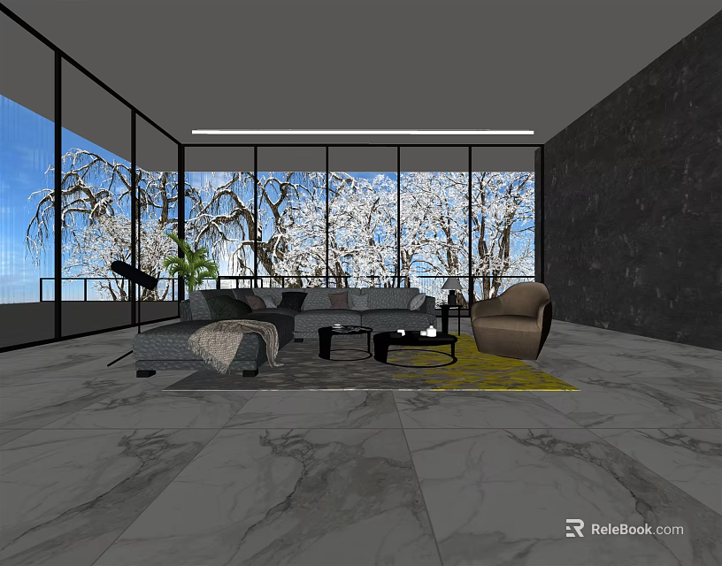 Modern Living Room Interior With Sofa And Coffee Table Set Large Windows Marble Floor Yellow Rug 3d model 