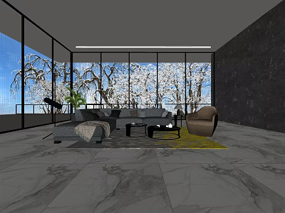 Modern Living Room Interior With Sofa And Coffee Table Set Large Windows Marble Floor Yellow Rug 3d model