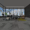 Modern Living Room Interior With Sofa And Coffee Table Set Large Windows Marble Floor Yellow Rug