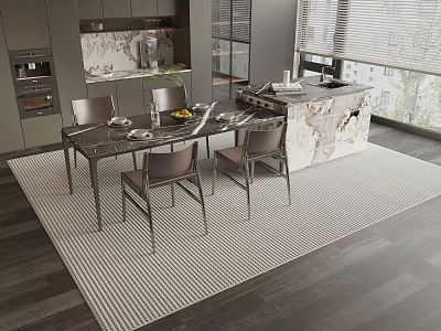 Modern Elegant Dining Table Set in Open Kitchen Interior with Marble Island and Chairs 3d model