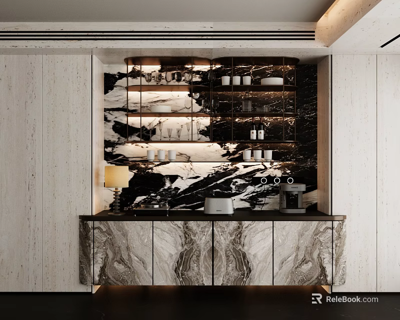 Elegant Modern Marble Sideboard with Open Display Shelves Holding Cups and Dinnerware 3d model