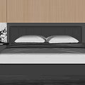 Modern Minimalist Double Bed With Black Headboard White Sheets Wooden Wall And Soft Lighting