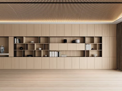 Modern Interior Light Wood Decorative Cabinet With Open Closed Compartments And Decorative Items 3d model