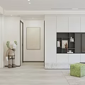 Modern Living And Dining Room Interior With White Walls Sofa Green Stool And Window Curtains