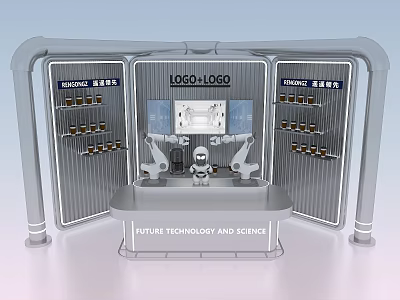 Future Technology Science Exhibition Booth With Robots Display Screens And Shelves 3d model