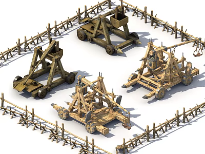 Ancient Wooden Siege Weapons Including Multiple Catapults Surrounded by Wooden Fences 3d model