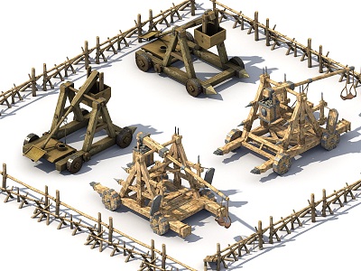 Ancient siege equipment, stone vehicles, military weapons, siege weapons, fence 3d model