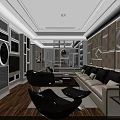Modern Living Room Interior With White Sofa Black Chairs And Geometric Wall Decor