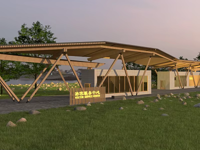 Modern Visitor Center With Wooden Truss Roof And Natural Grassland Surroundings 3d model