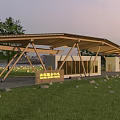 Modern Visitor Center With Wooden Truss Roof And Natural Grassland Surroundings