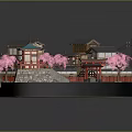 Traditional Ancient Japanese Architecture Featuring Cherry Blossom Trees Red Torii Gates and Stone Walls