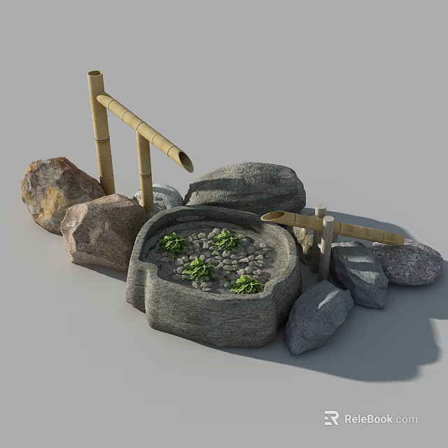 Garden Ornament Featuring Stone Basin Bamboo Rocks Pebbles And Small Plants 3d model 