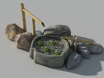 Garden Ornament Featuring Stone Basin Bamboo Rocks Pebbles And Small Plants 3d model