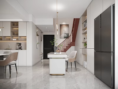 Modern Kitchen Interior Design With White Cabinets Marble Island And Black Refrigerator 3d model