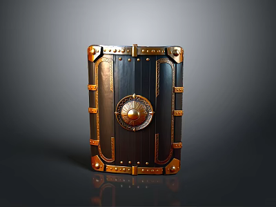 Medieval Shield As Defensive Weapon With Golden Decorations Metal Rivets And Circular Emblem 3d model