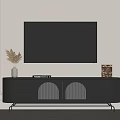 Modern Living Room with Black TV Stand Flat Screen TV Vase Dried Flowers and Decorative Jars