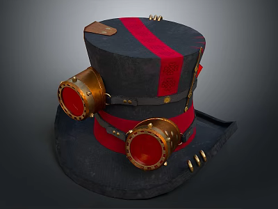 Steampunk Top Hat Design With Red Stripes Brass Goggles And Metal Accents 3d model